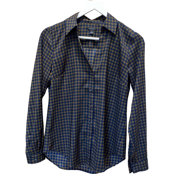 Ann Taylor Navy and Brown Checked Button Down Blouse XS - Picture 3 of 17